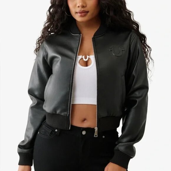 NWT True Religion Vegan Leather Cropped Bomber Jacket - Picture 2 of 14